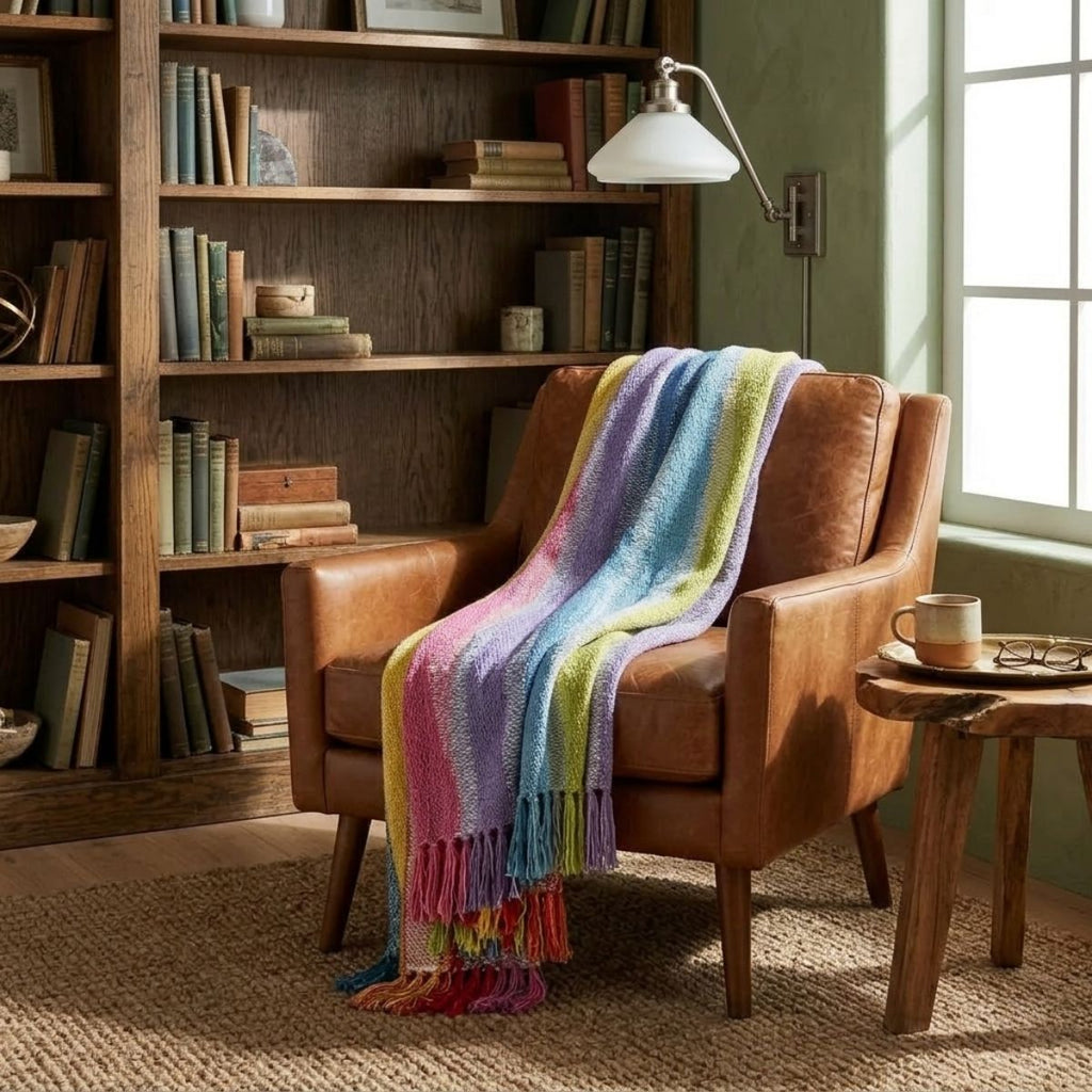 Brown leather chair with a colorful striped blanket in a cozy room with bookshelves and a lamp.