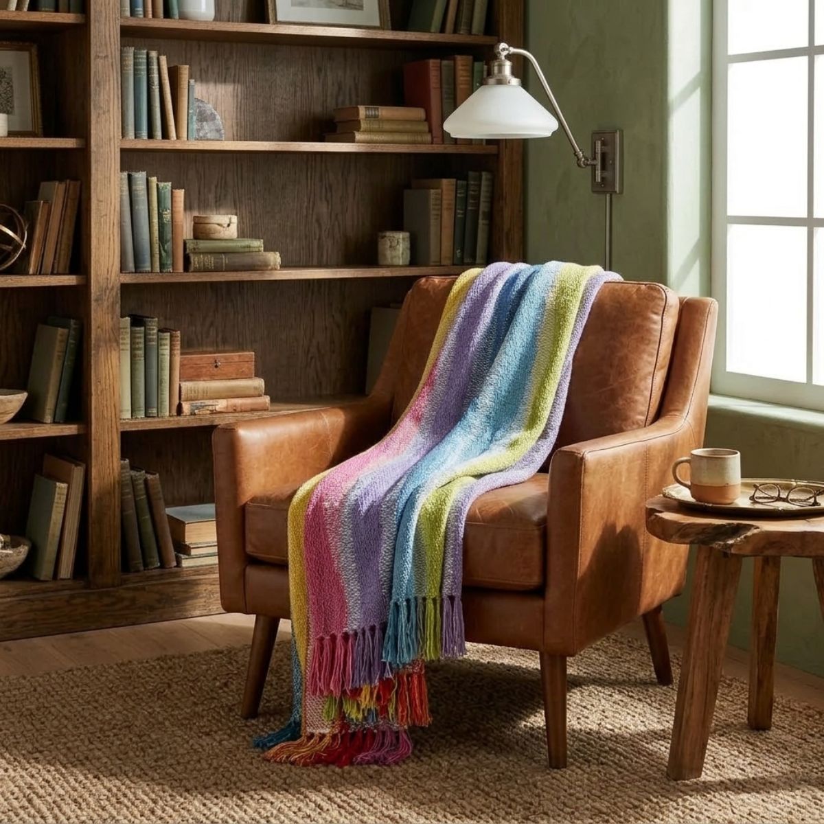 Brown leather chair with a colorful striped blanket in a cozy room with bookshelves and a lamp.