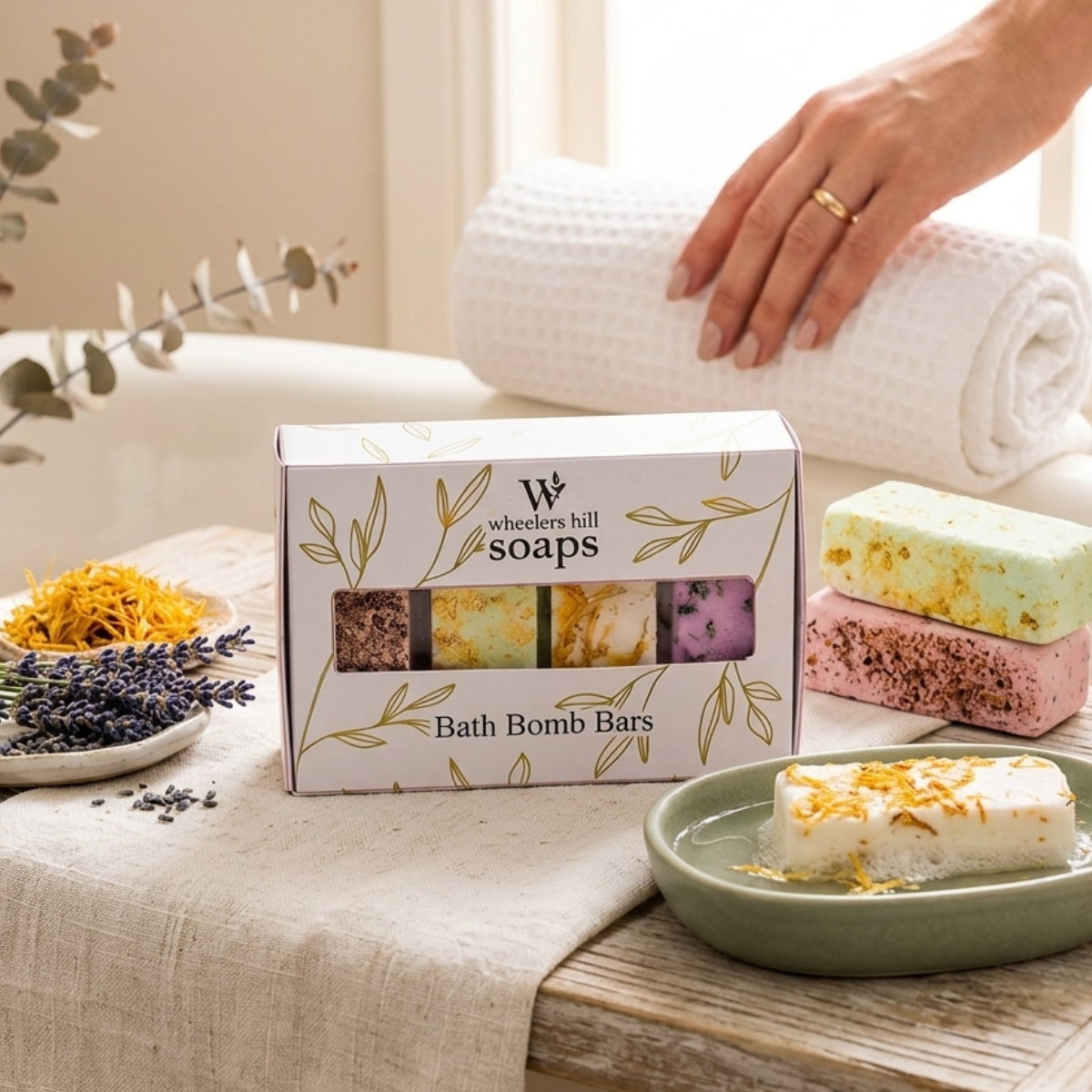 Bath Bomb Bars from Wheelers hill pack of four displayed in a bathroom.