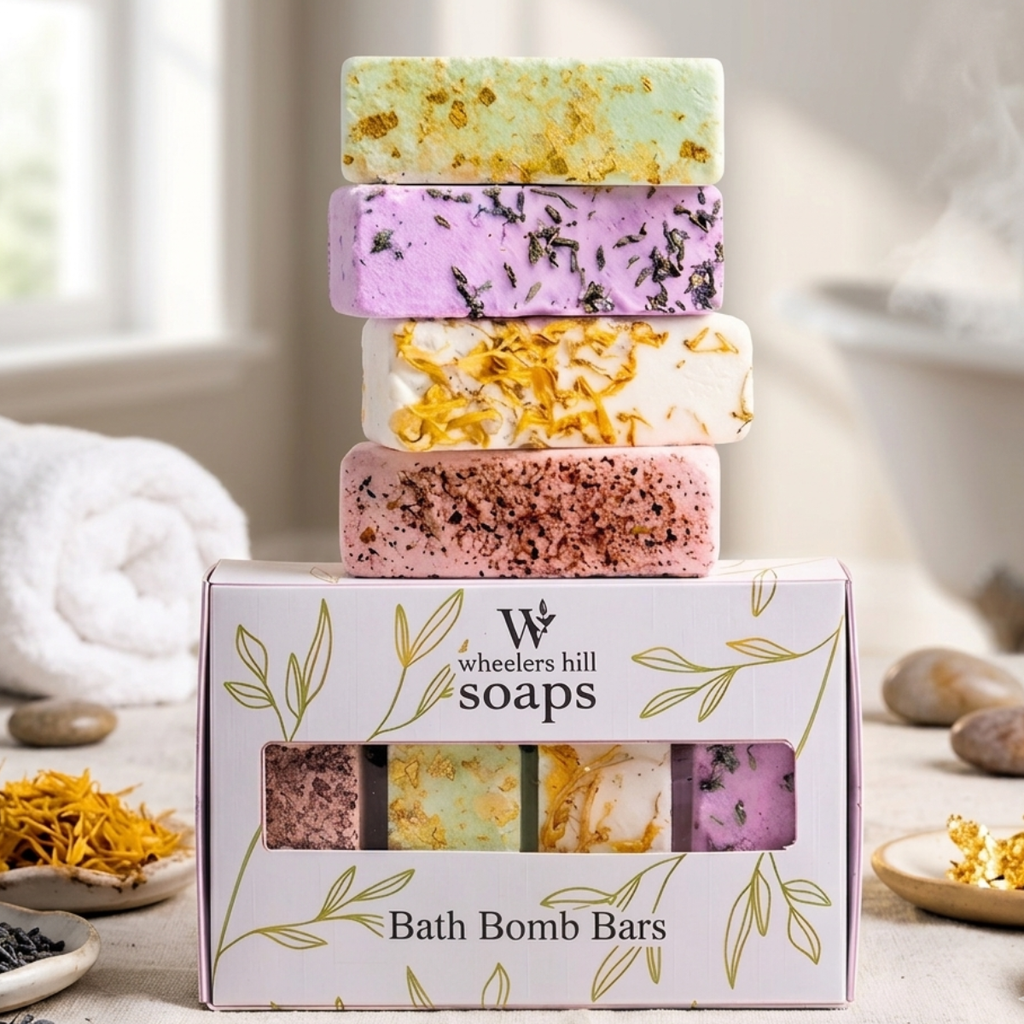 Bath Bom Bars from Wheelers Hills stacked on top of packaging in a bathroom. 