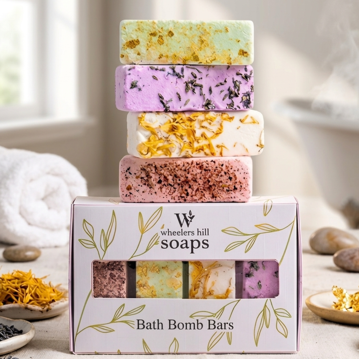 Bath Bom Bars from Wheelers Hills stacked on top of packaging in a bathroom. 