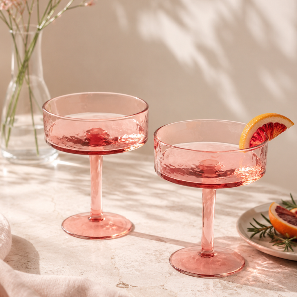 Two pink cocktail glasses with a slice of grapefruit on a light surface.