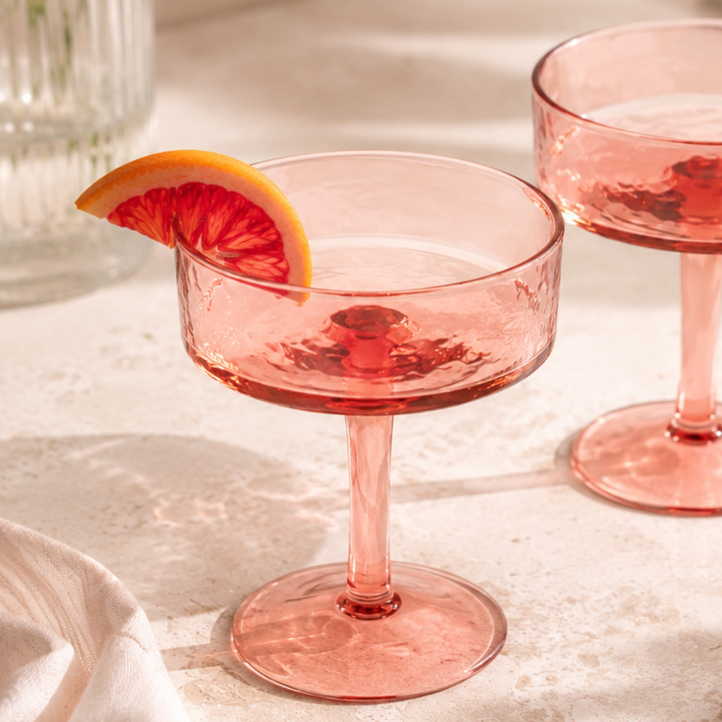 Pink cocktail in a glass with a grapefruit wedge on a marble surface