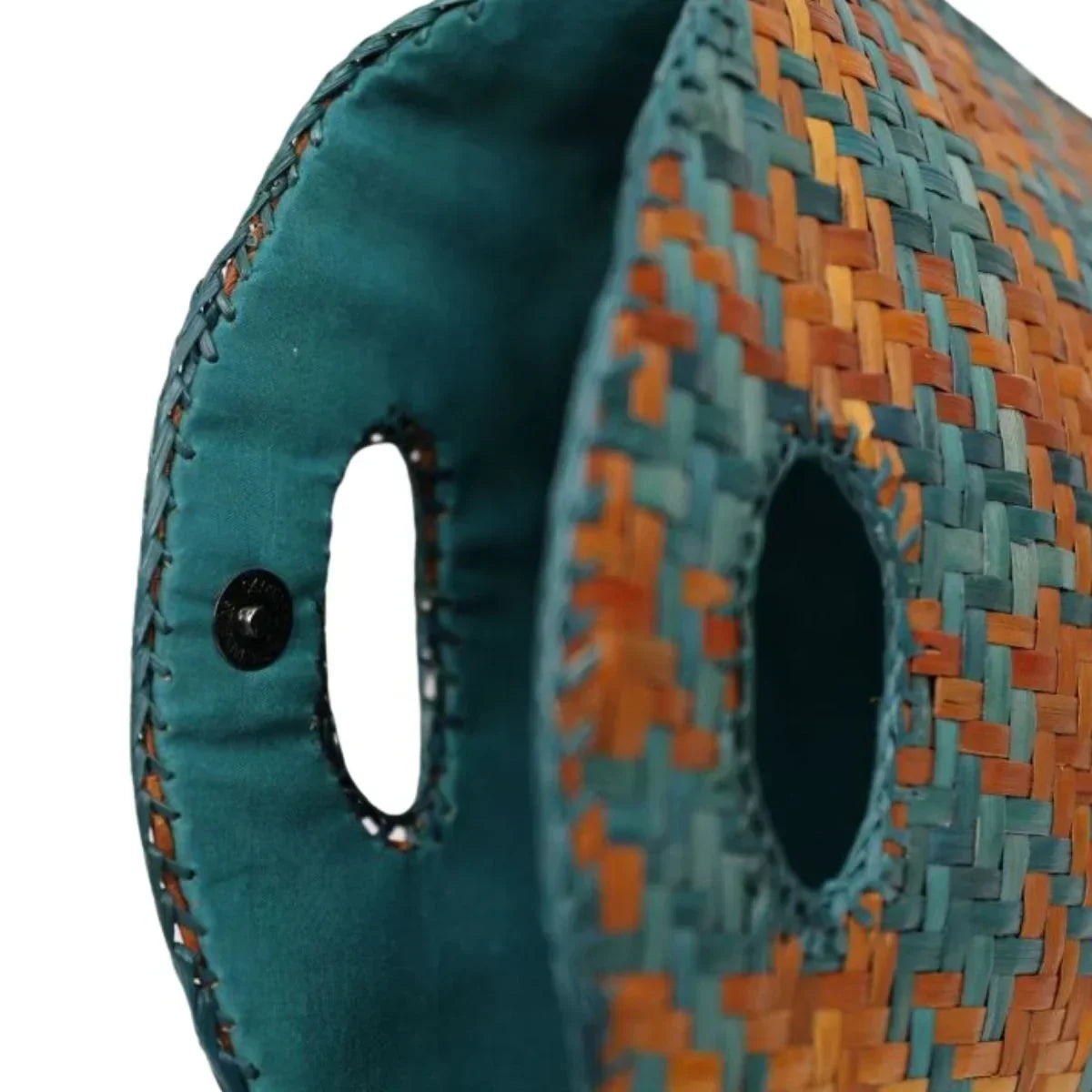 Birdhouse with teal and multicolored woven design on a white background