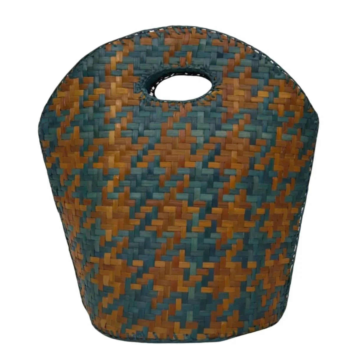 Woven basket with a geometric pattern on a white background
