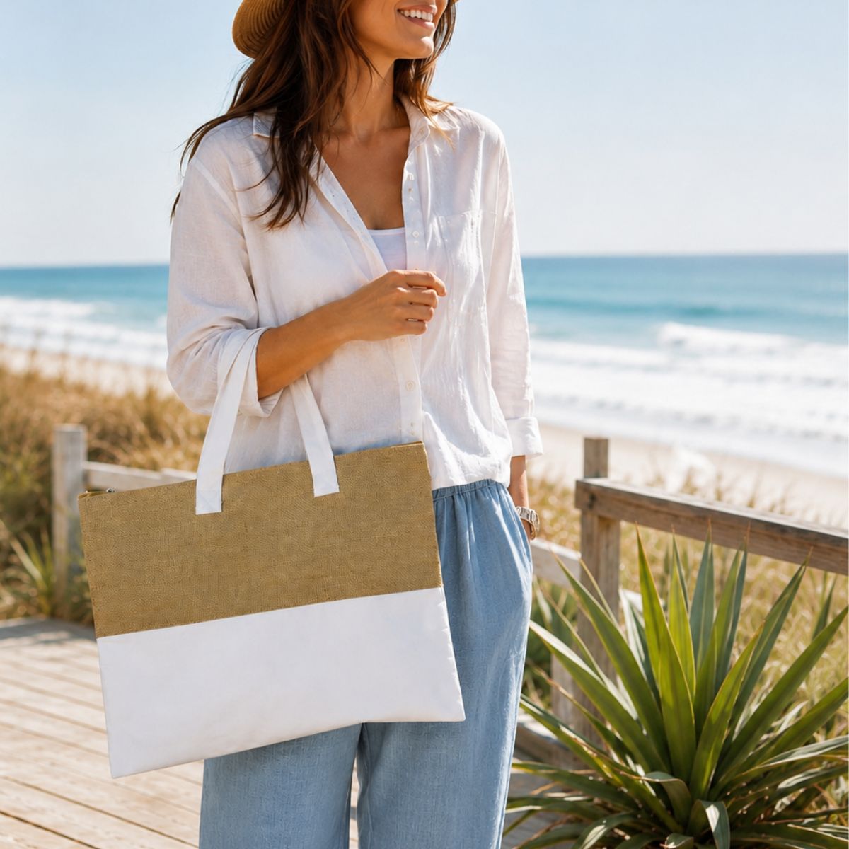 Woman holding a two-tone tote bag on a beach