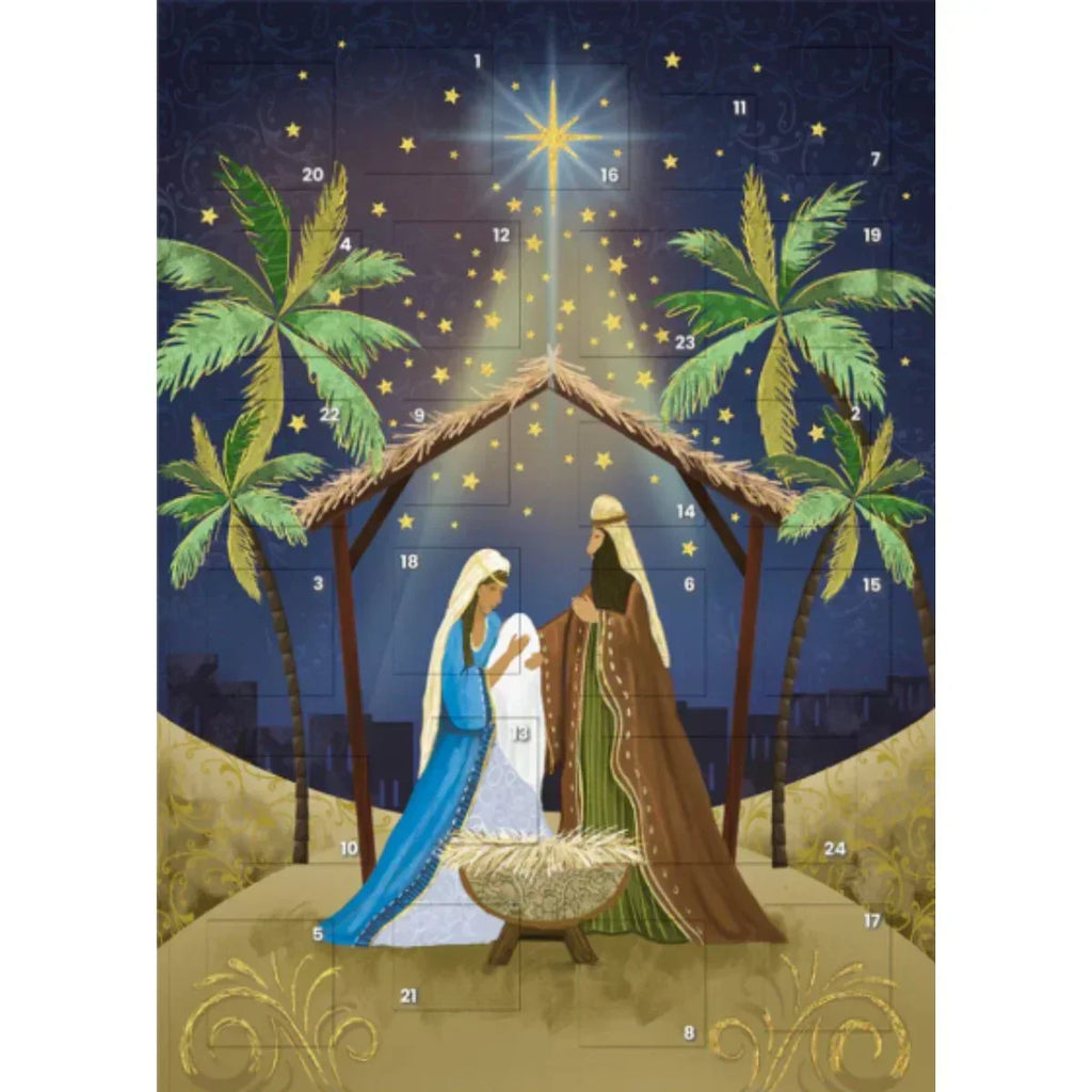 Advent calendar with nativity scene and palm trees