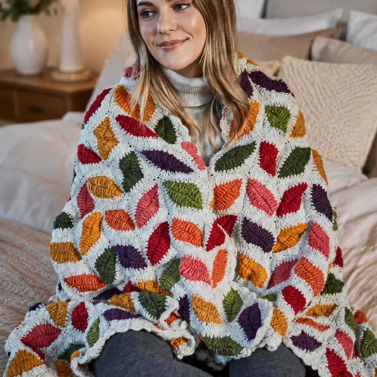 Woman sitting on a couch wrapped in a colorful leaf-patterned blanket
