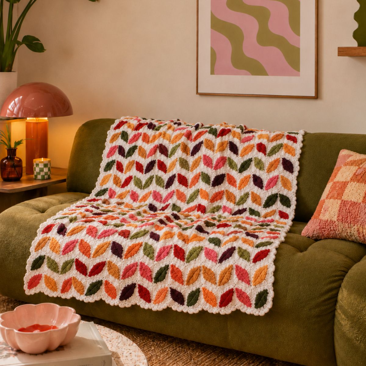 Colorful knitted blanket on a green couch in a cozy living room.