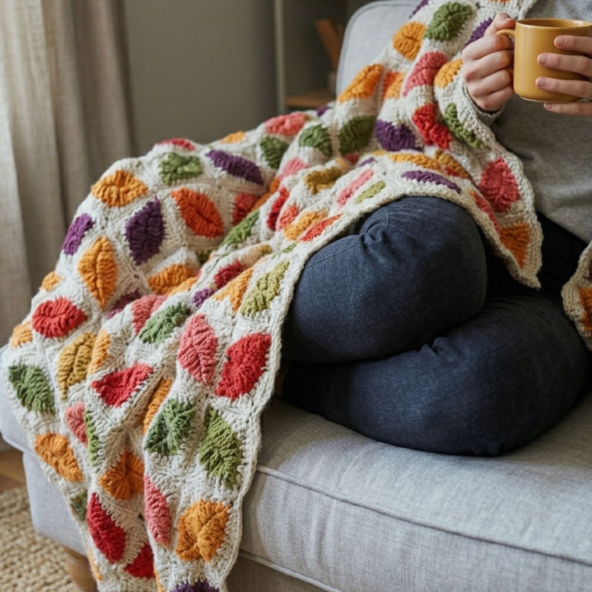 Person sitting on a couch with a colorful crocheted blanket and holding a mug.