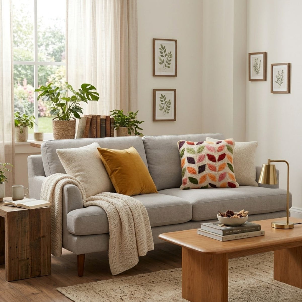 Cozy living room with a gray sofa, wooden coffee table, and decorative elements.