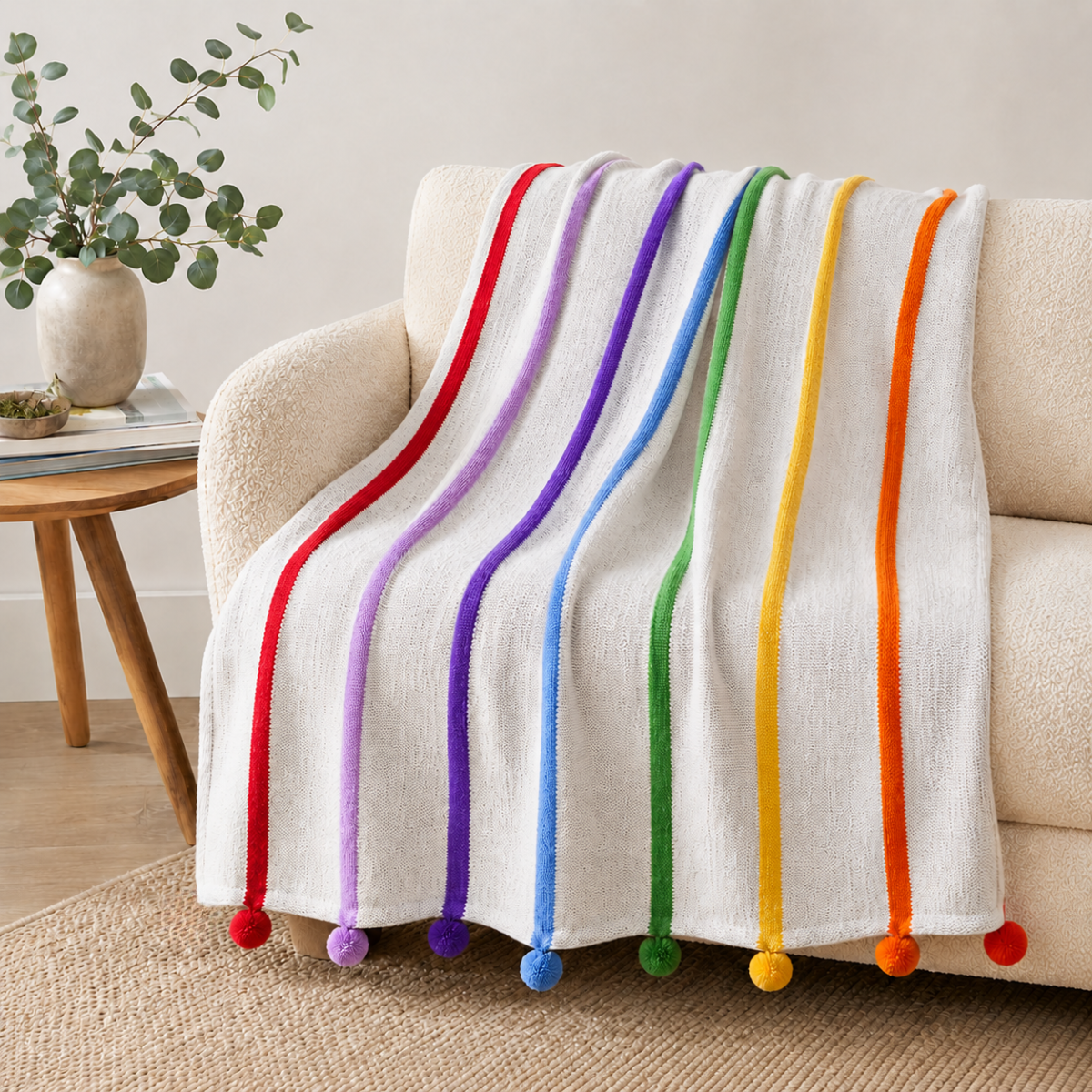 White blanket with colorful pom-pom trim draped over a beige armchair in a cozy living room.