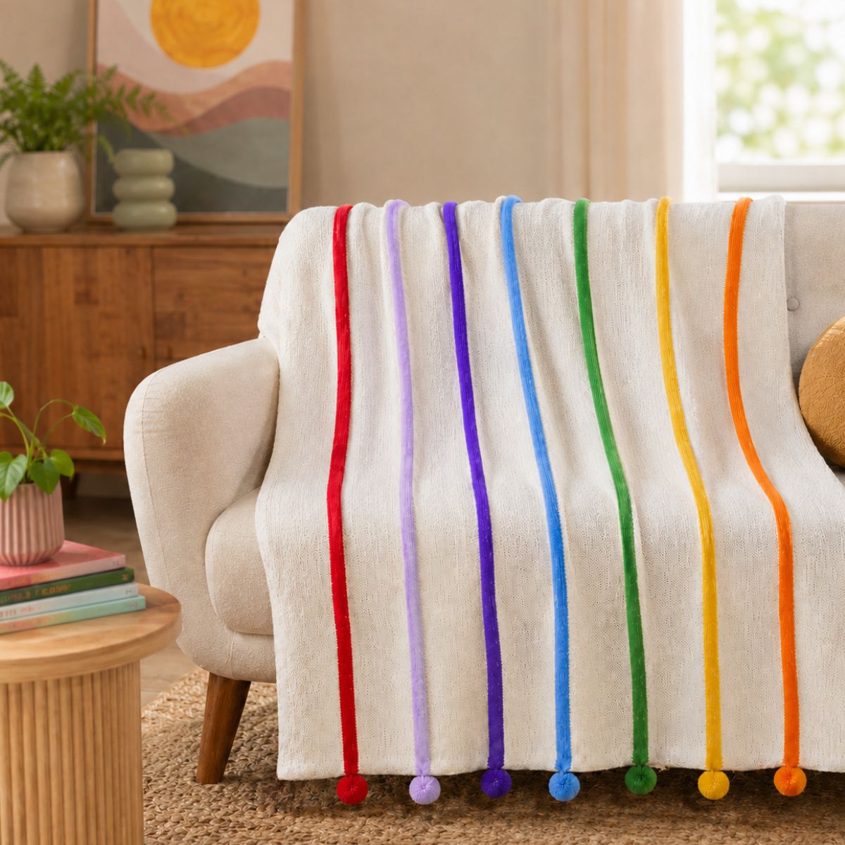 Beige sofa with a rainbow striped blanket in a living room setting
