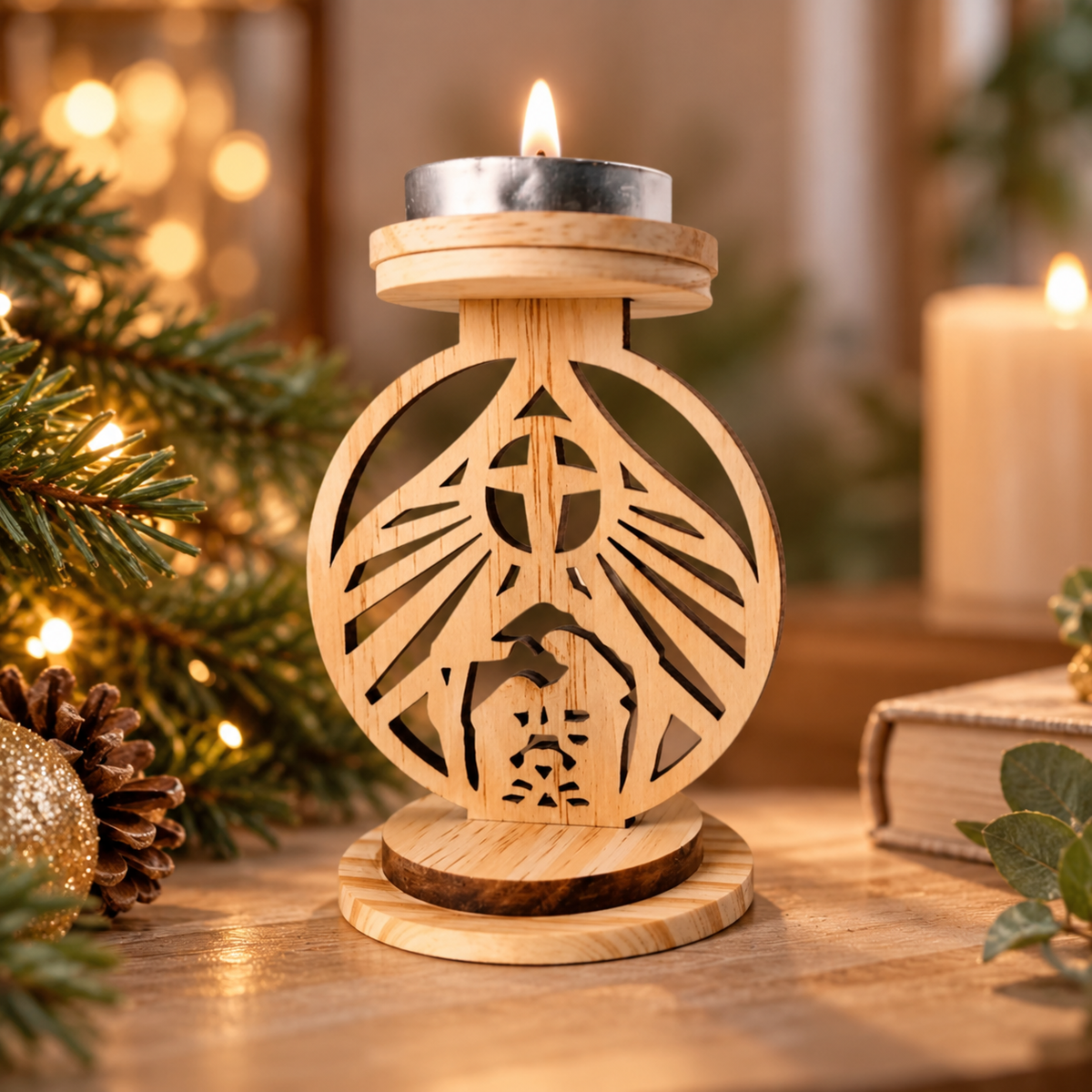 A wooden candle holder with a circular cutout design and a nativity scene, holding a lit tealight candle, set on a wooden table with warm holiday lights and pine branches in the background.