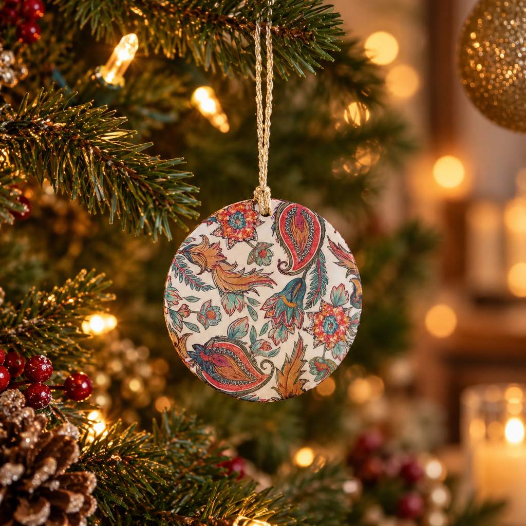 A round fabric Christmas ornament with a colorful paisley and floral pattern hangs from a tree branch with warm holiday lights in the background.