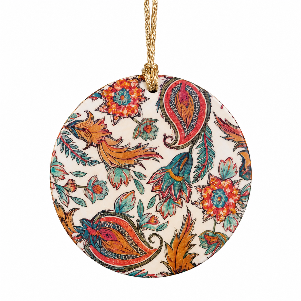 Round fabric ornament featuring a colorful paisley and floral pattern on a cream background, hanging from a gold string against a white background.