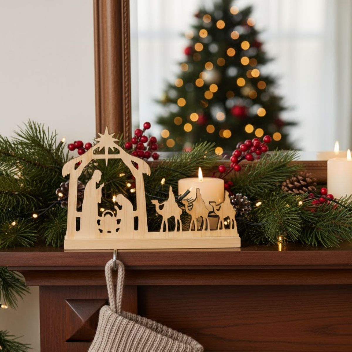 Pinewood Nativity Scene Stand
