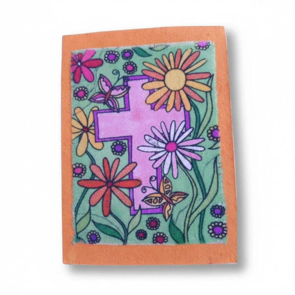 Colorful card with a cross and flowers on an orange border