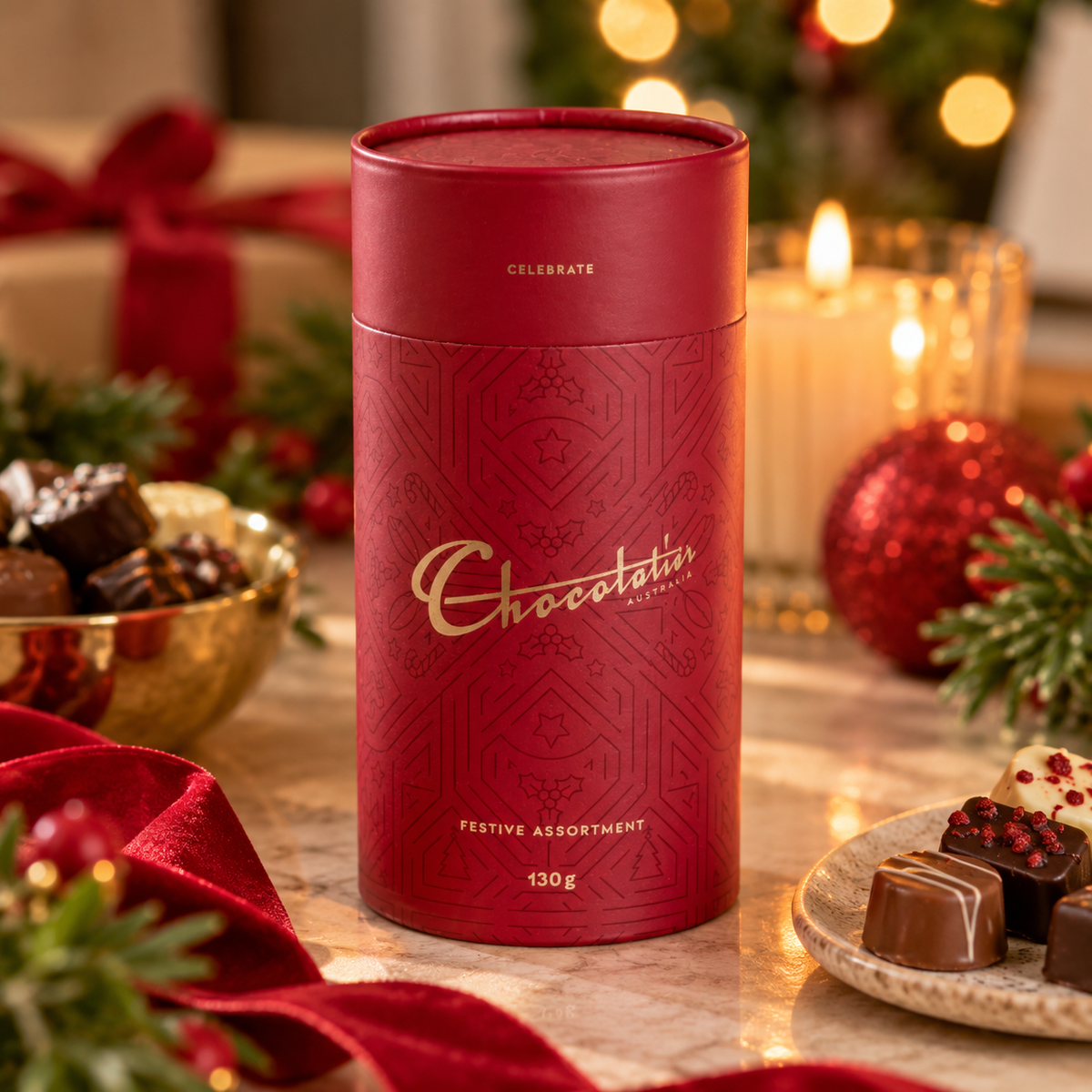 A red cylindrical chocolate gift tin with gold lettering reading 'Chocolate Factory' and 'Festive Assortment 130 g', styled on a tabletop with chocolates, red ribbon, evergreen branches, and warm holiday lights in the background.