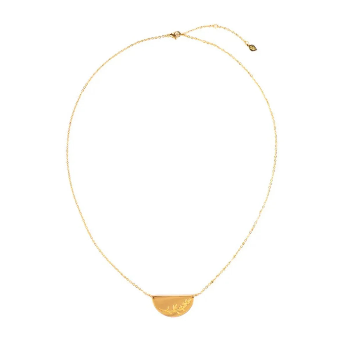 Gold necklace with a half-circle pendant on a white background