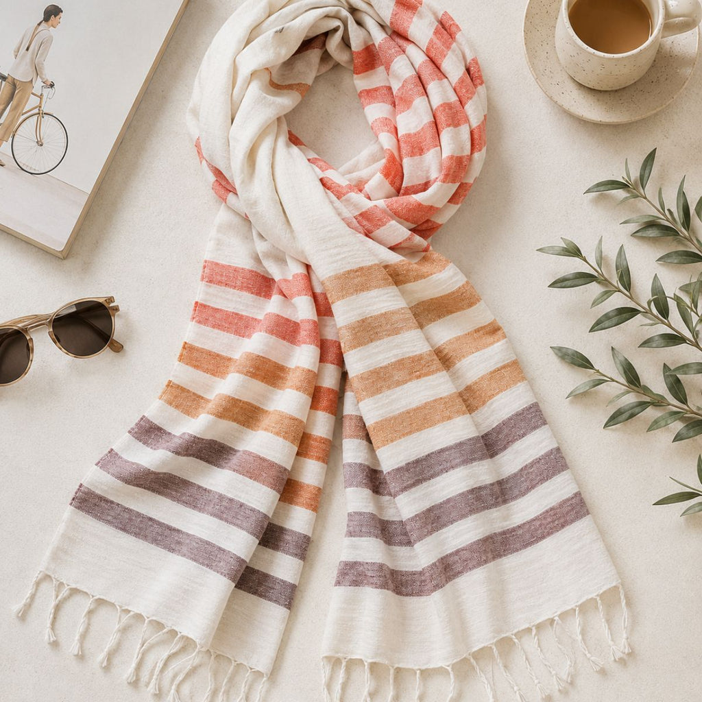 Striped scarf with fringes on a light surface with a cup of coffee, plant, and sunglasses.