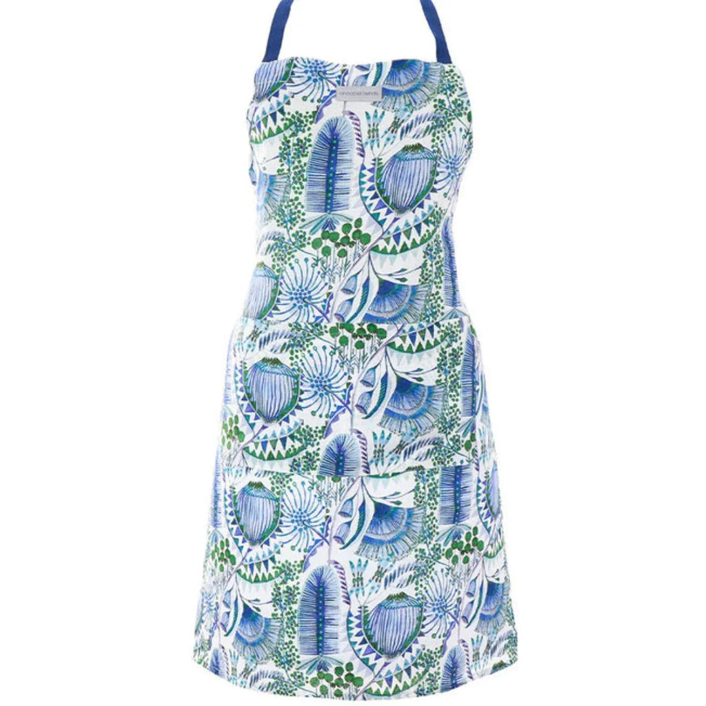 Floral apron with blue and green pattern on a white background