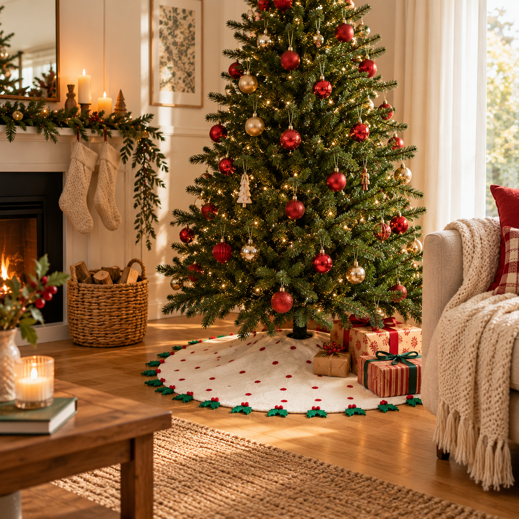 A decorated Christmas tree in a cozy living room, with red and gold ornaments, warm string lights, wrapped gifts underneath, a white tree skirt with red dots and green holly trim, a fireplace mantel with stockings and greenery, and a cream armchair with a knitted throw blanket.