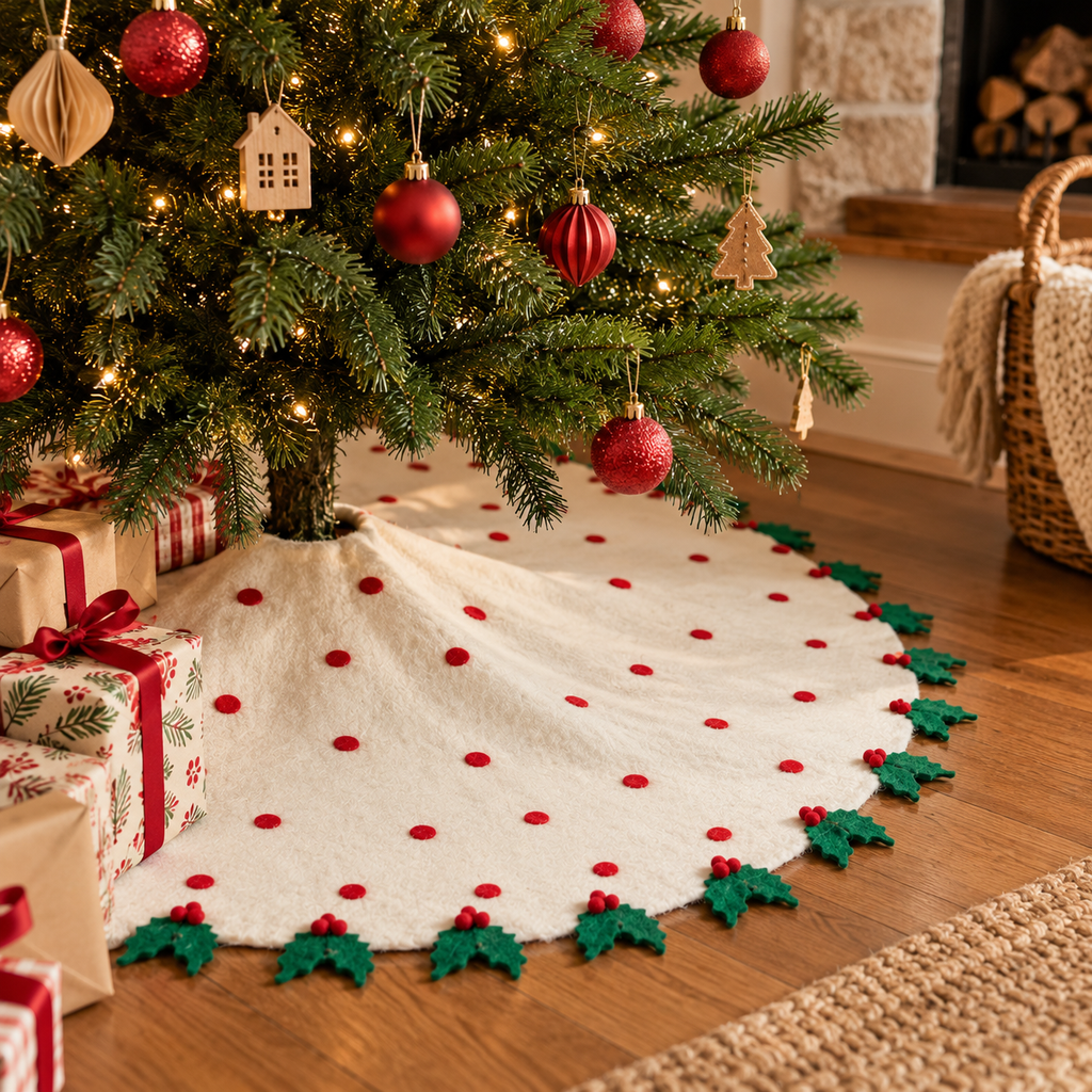 A white Christmas tree skirt with red polka dots and a green holly leaf border, displayed under a decorated Christmas tree on a wooden floor with wrapped gifts nearby.