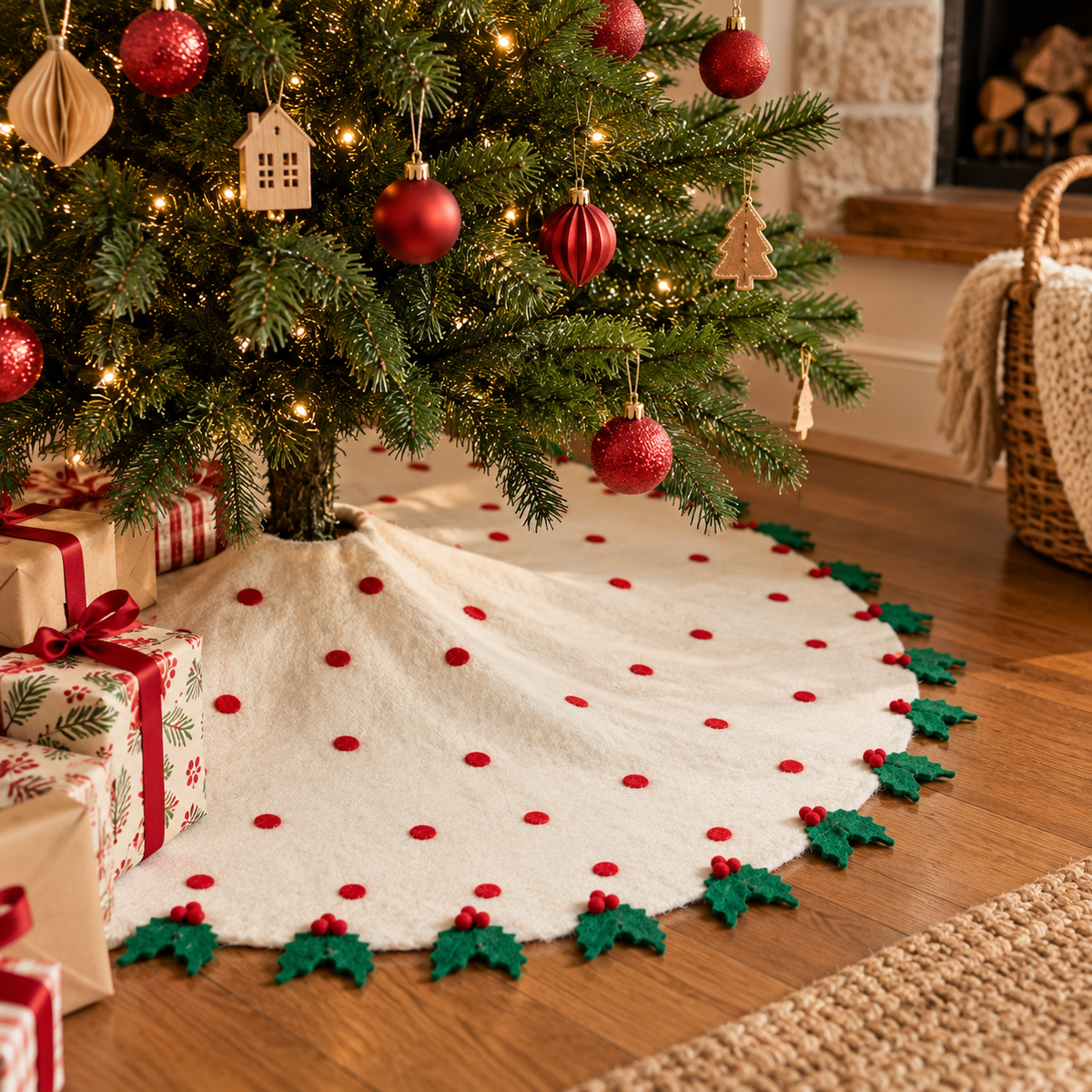 A white Christmas tree skirt with red polka dots and a green holly leaf border, displayed under a decorated Christmas tree on a wooden floor with wrapped gifts nearby.