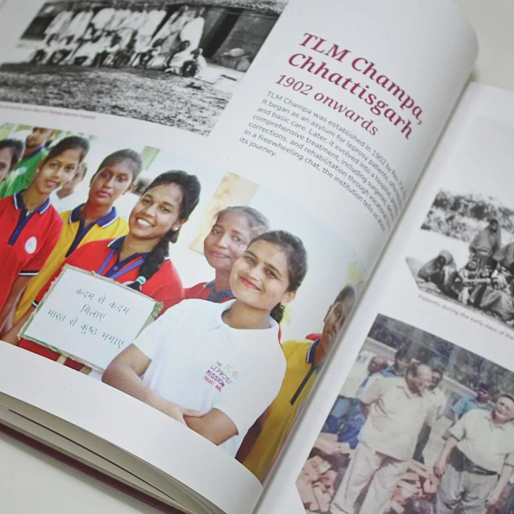 Open book showing pages with images of people and text about TLM Champa, Chhattisgarh.