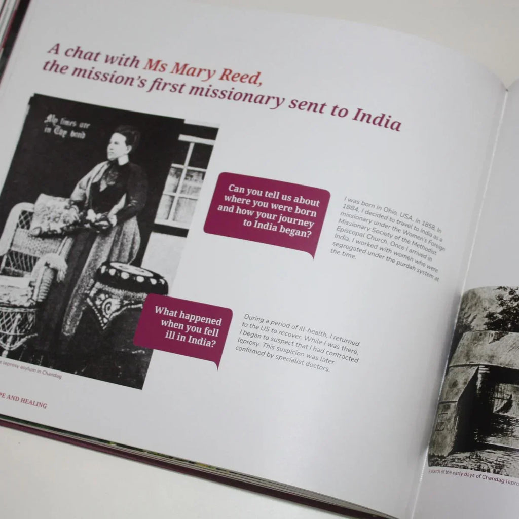 Open book with text and images of a woman, likely a missionary, in India.