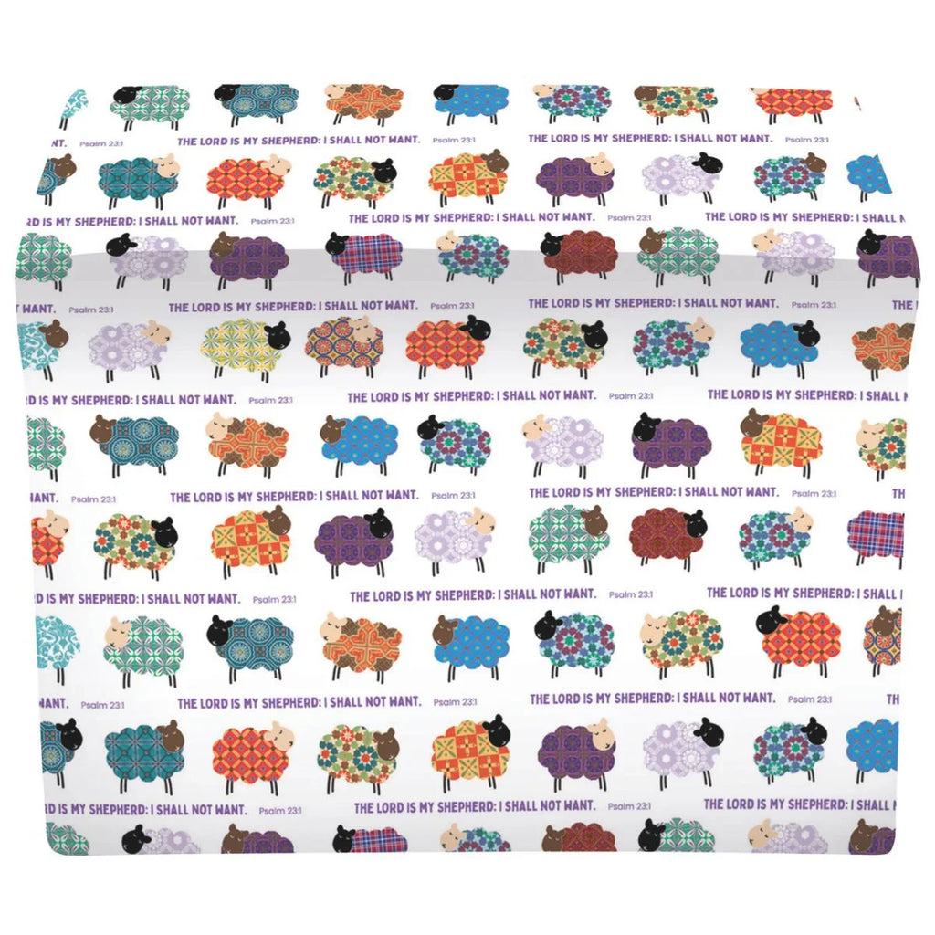 Pattern of colorful sheep with 'The Lord is my Shepherd' text on a white background