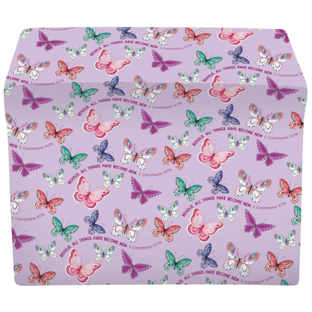 Purple fabric with colorful butterfly pattern and text