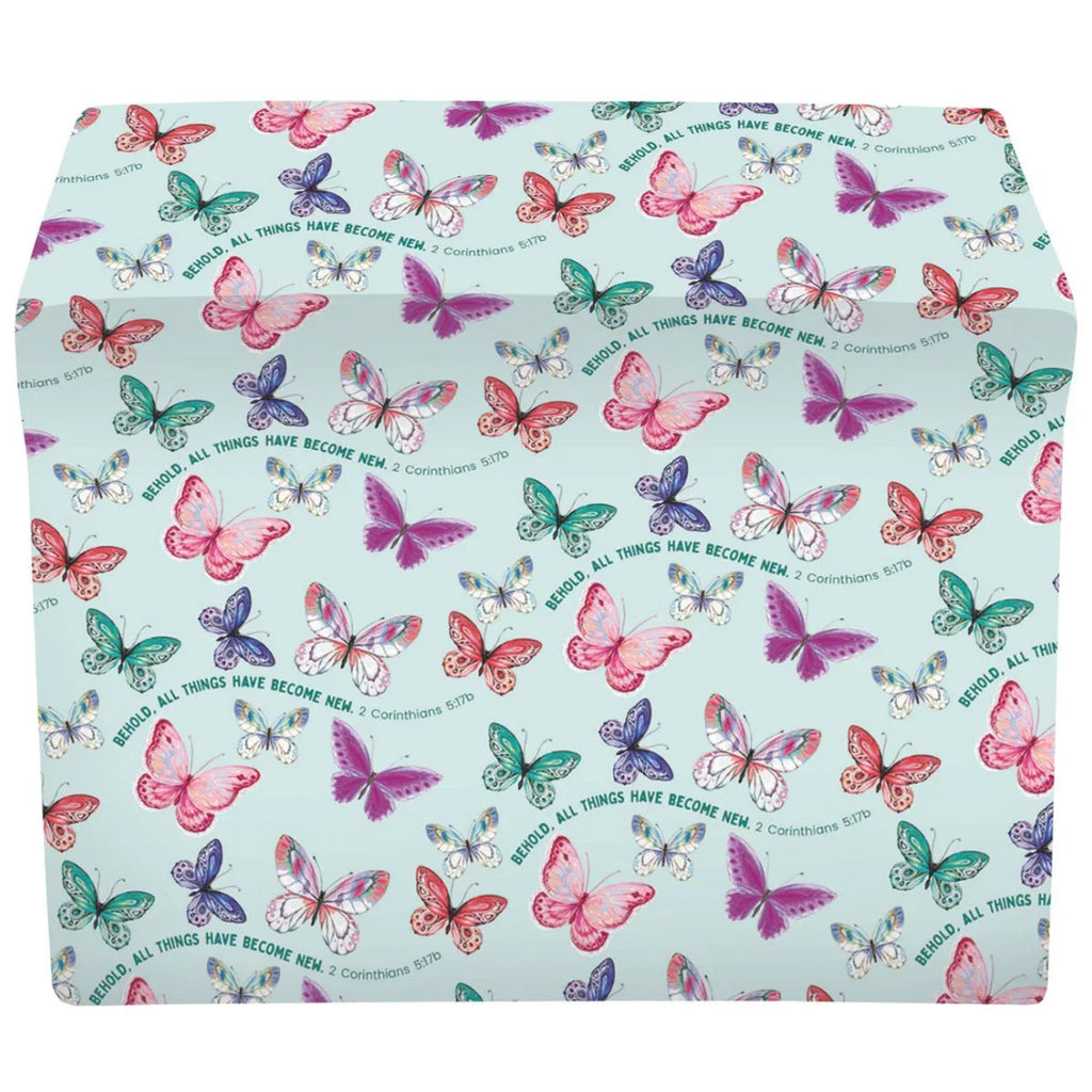 Patterned product with colorful butterflies and text on a light blue background