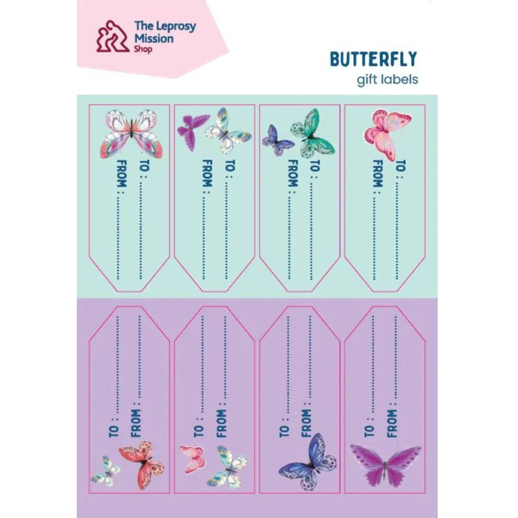 Butterfly gift labels with 'The Lepracy Mission Shop' branding on a white background.