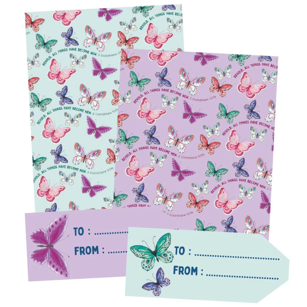 Butterfly-themed stationery set with envelopes and labels on a white background