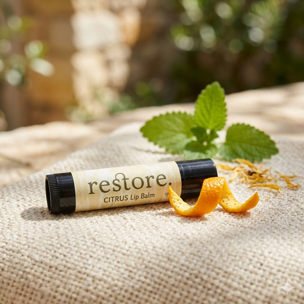 Flip balm on textured fabric with an orange peel and mint in the background. 