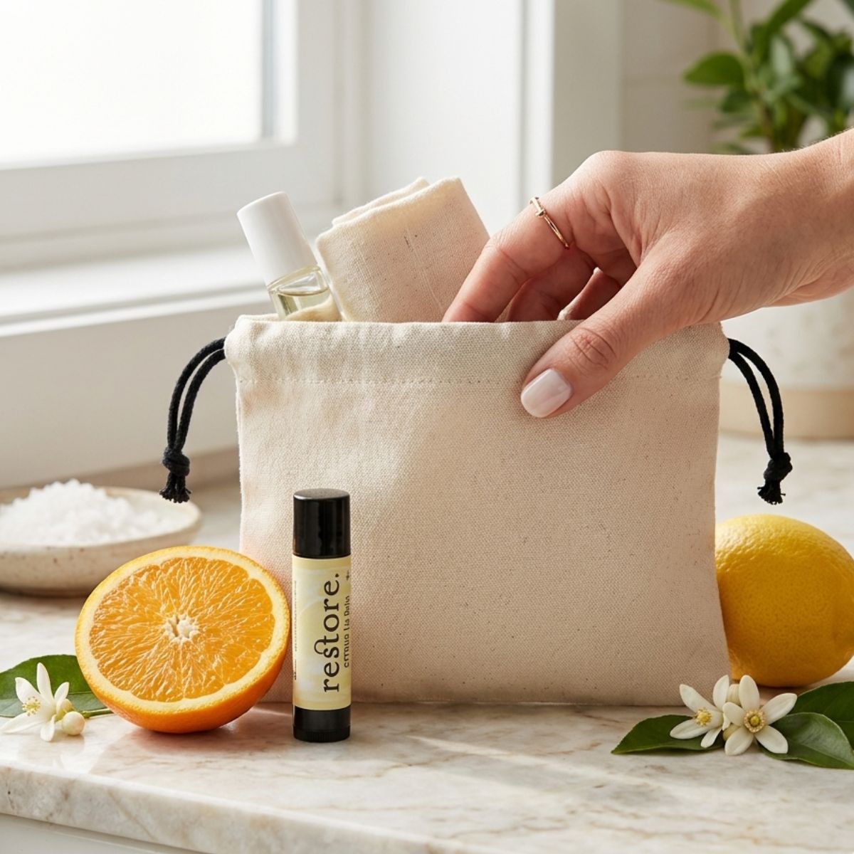 Restore lip balm next to a cut in half orange and a linen bathroom bag. Hand is reaching for the bag. 