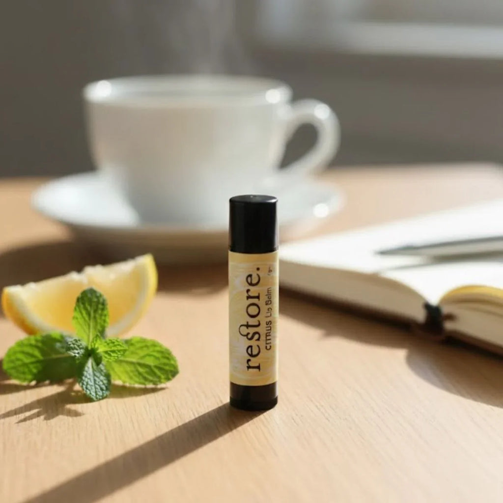 Roll-up lip balm labeled 'restore' on a wooden table with a lemon wedge, mint leaves, and a cup of coffee in the background.