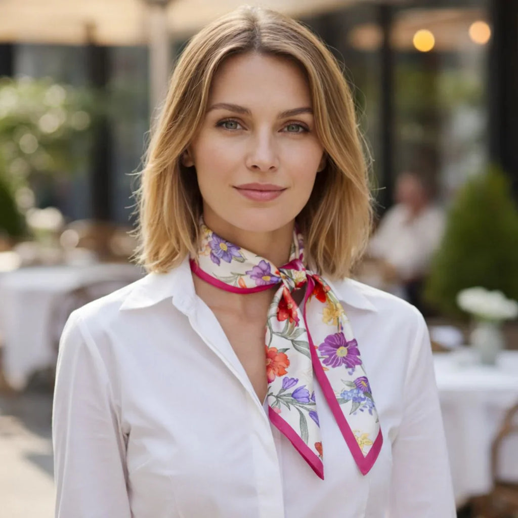 Woman wearing a colorful floral scarf around her neck in an outdoor setting.