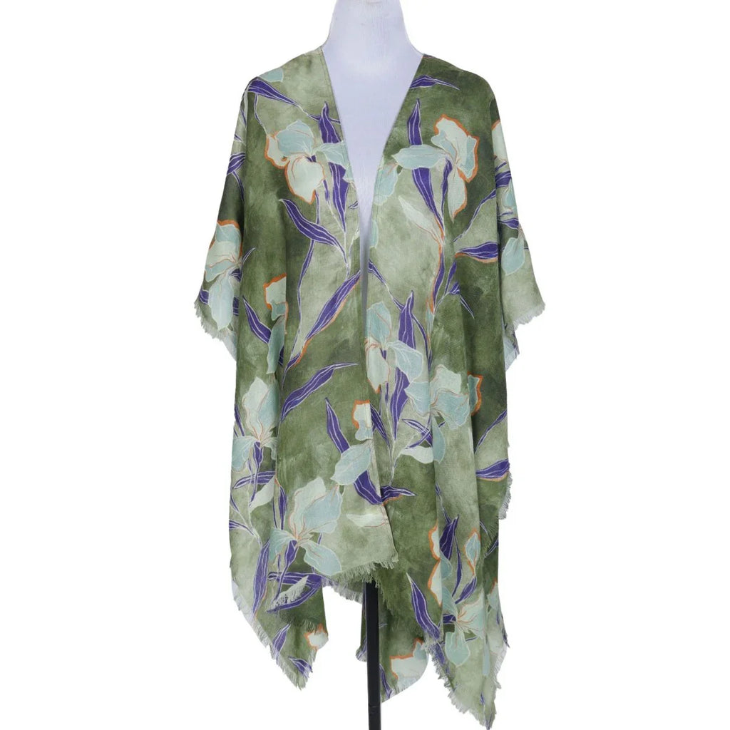 Green floral patterned kimono on a mannequin against a white background