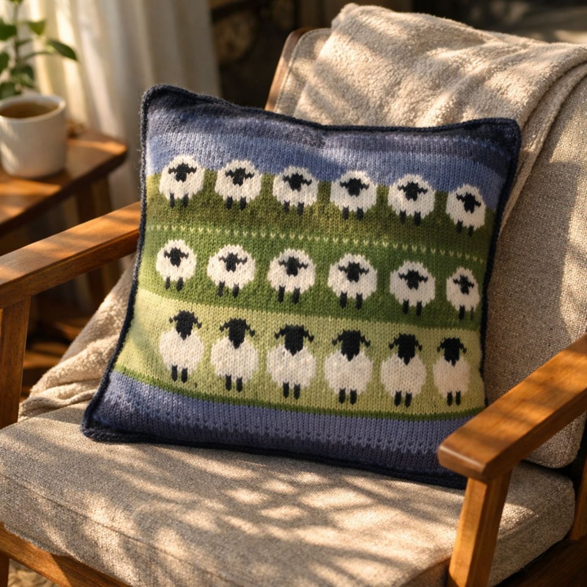 Knitted pillow with sheep pattern on a chair