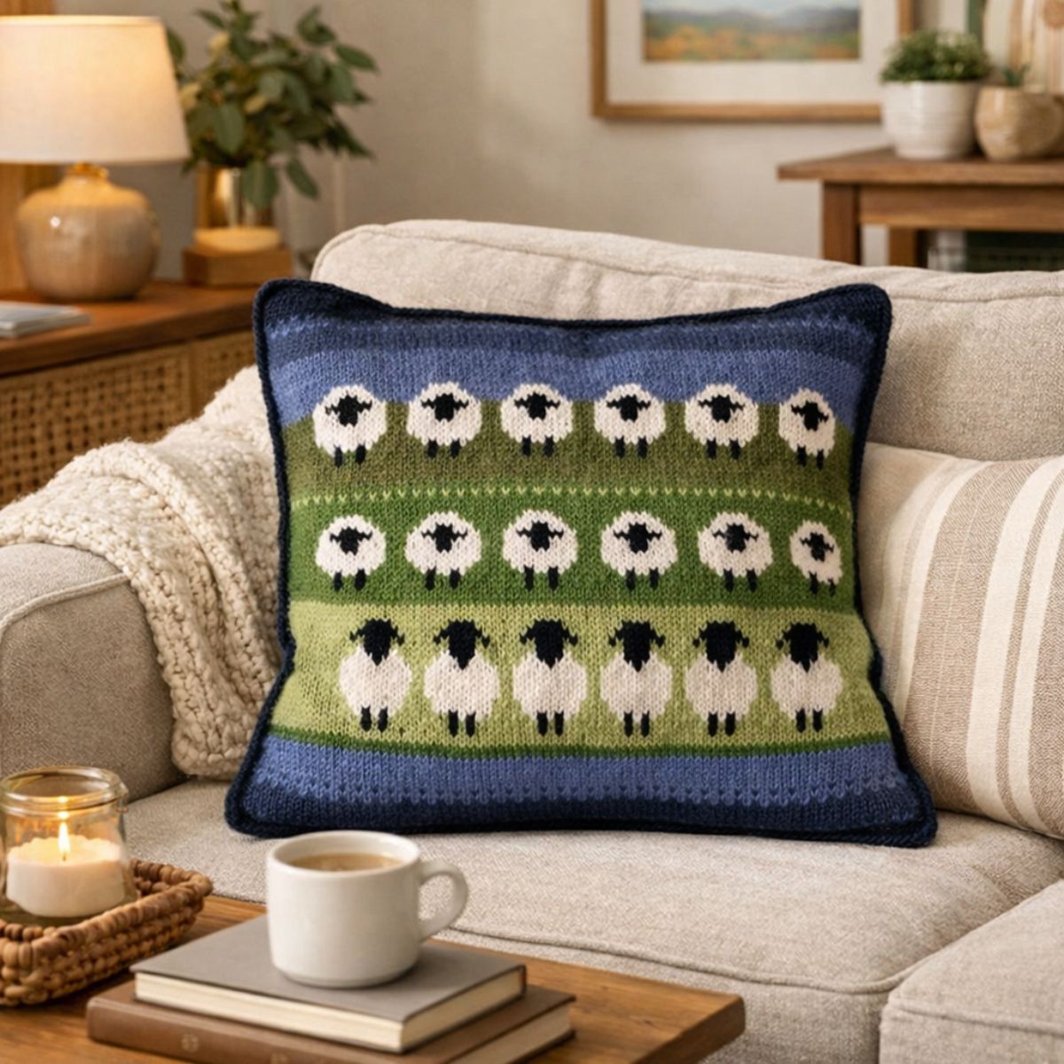 Decorative pillow with sheep pattern on a couch in a cozy living room.