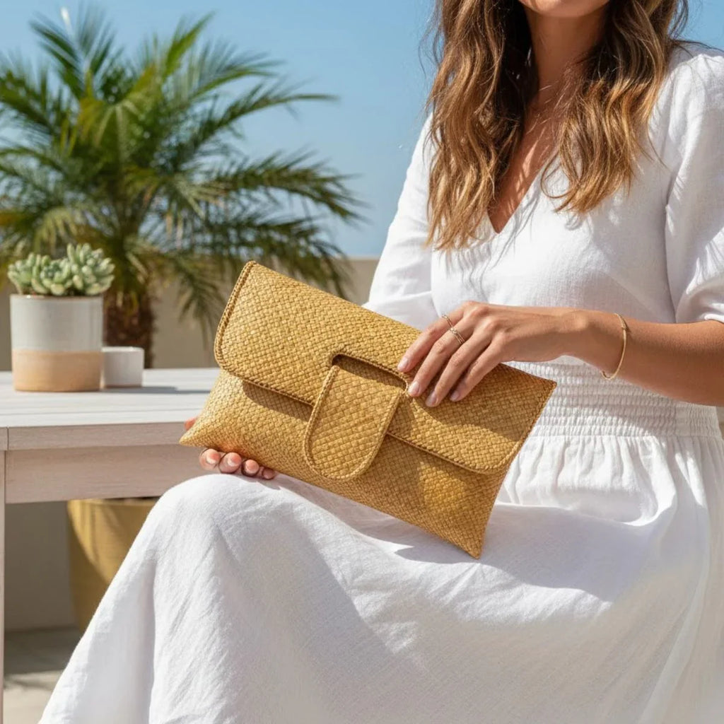 Woman holding a yellow clutch outdoors with palm trees in the background