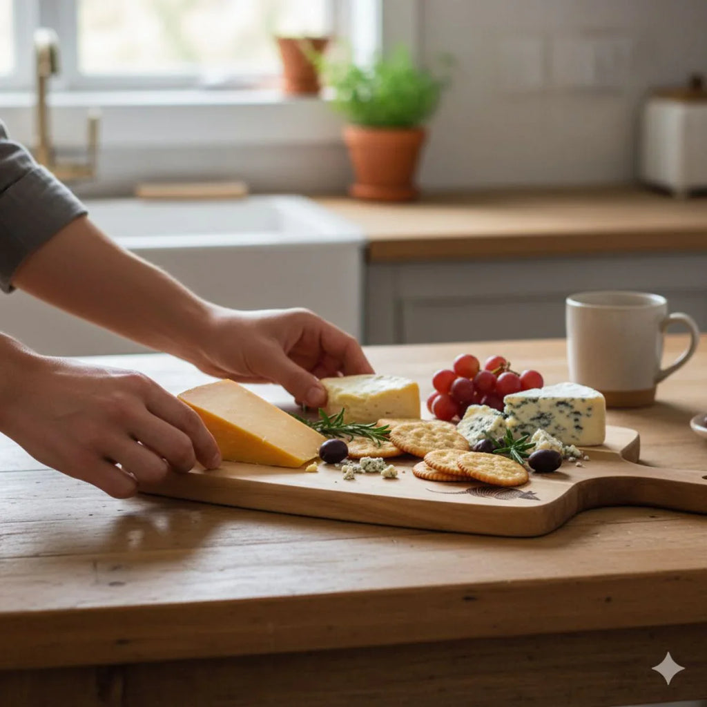 Person arranging cheese and crackers on a wooden cutting board in a kitchen.