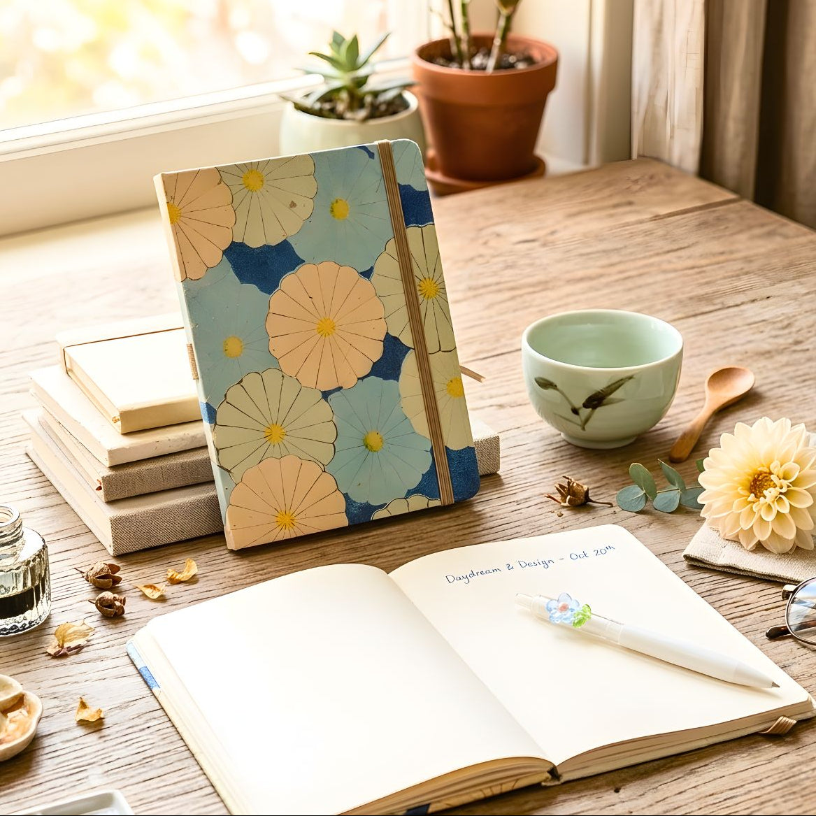 Floral notebook on a wooden table with an open book, cup, and decorative items.