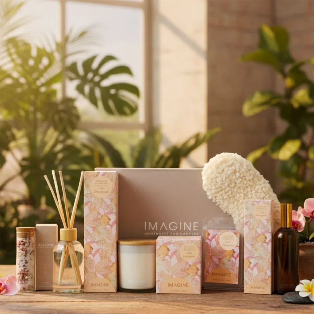 A collection of 'Imagine' home fragrance products on a wooden surface with plants in the background.