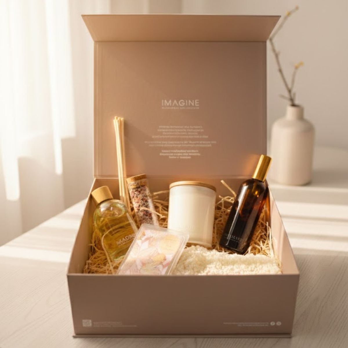 Gift box with various items including a candle, bottles, and a vase on a light surface.