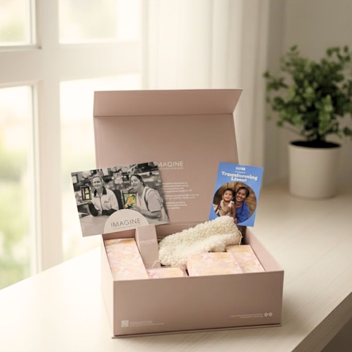 Unopened gift box with photos and a card on a light surface with a plant in the background