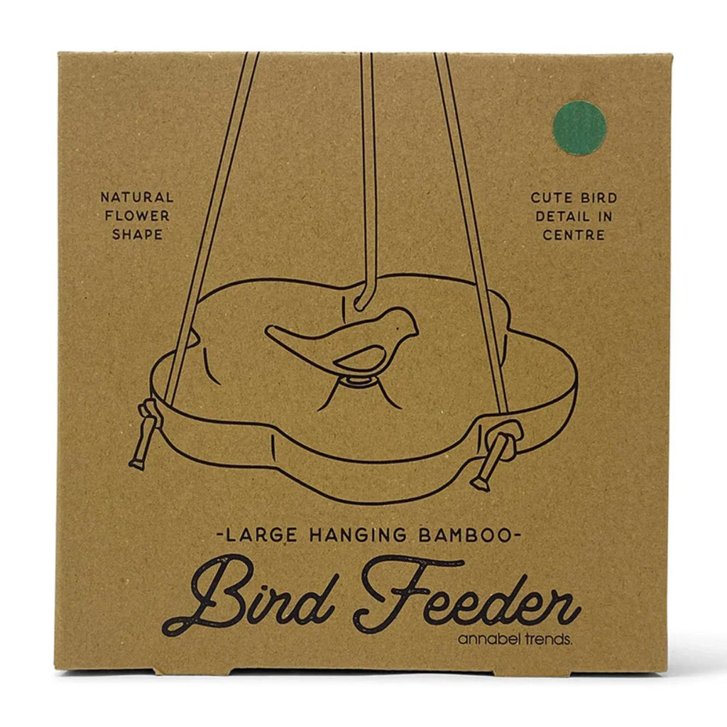 Cardboard box packaging for a large hanging bamboo bird feeder with illustrations and text.